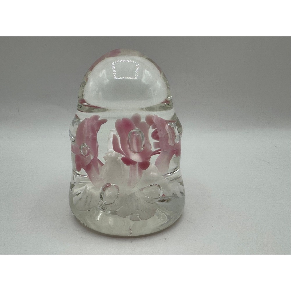 Art Glass Paperweight Pink White Floral Controlled Bubble Joe Rice 1999